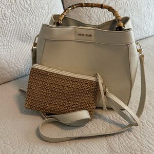 Anne Klein Cream Shoulder Bag with Bamboo top handles Accent and